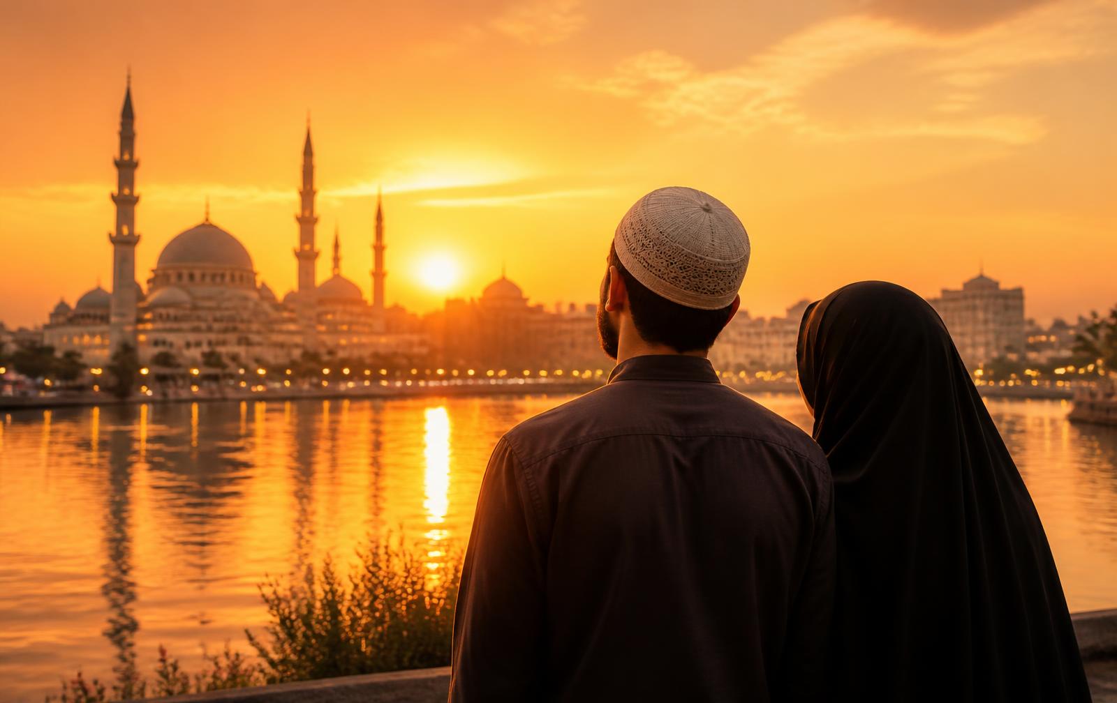 Muslim couple looking towards a mosque skyline at sunset